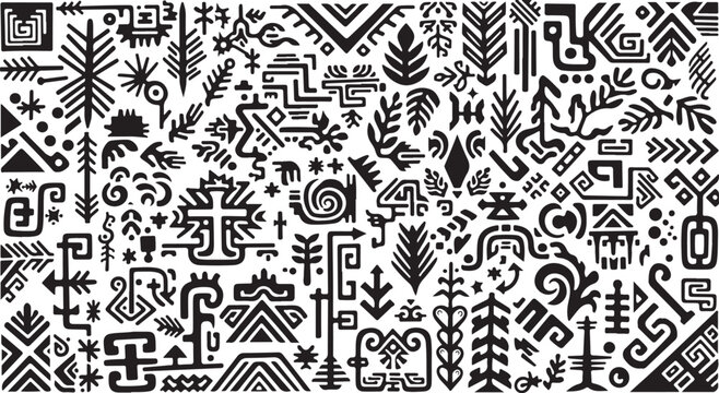Black and white tribal pattern with various symbols