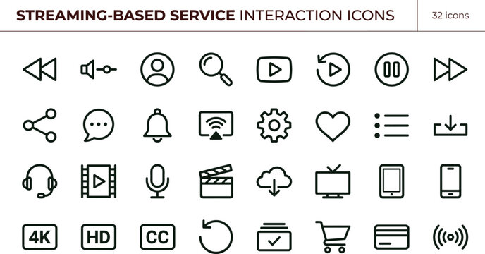 Streaming based service interaction outline icon set live video playback OTT media streaming workflow content delivery vector icons