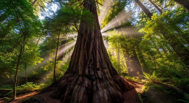 Majestic redwood tree in ancient forest, sunbeams through giant sequoia canopy, ethereal morning light in lush green woodland landscape