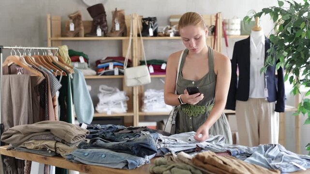 Teenage girl buyer scanning qr code for pantalones in clothing store