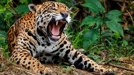 Fototapeta premium Jaguar yawning showing sharp teeth in natural habitat