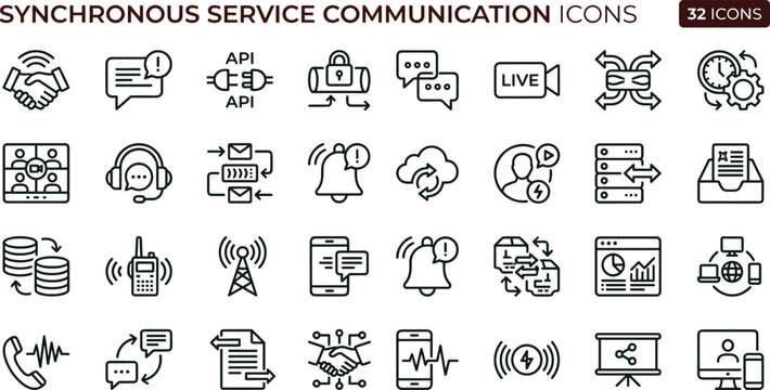 Synchronous service communication outline icon set API interaction real time messaging microservices workflow distributed system vector icons