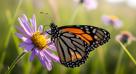 Obraz premium Monarch butterfly on purple wildflower, orange butterfly feeding on nectar in sunny meadow, vibrant insect pollination in summer garden