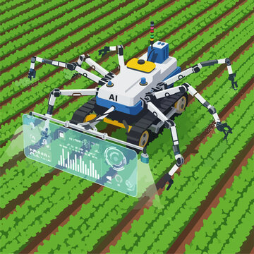 A large, complex agricultural AI robot with multiple articulated arms and sensors works in a geometric field of precisely planted rows of young green crops under a sunny sky. 