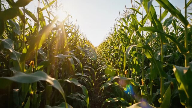 Rows of corn plants in a field for commercial backgrounds, digital design, and advertising