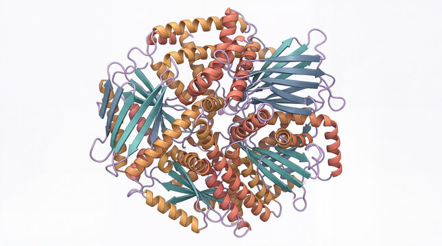 3D model of a protein structure showing distinct strands and coils in various colors