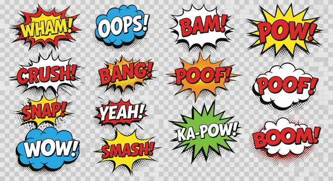 Comic book style speech bubbles with various explosion words in multiple colors.