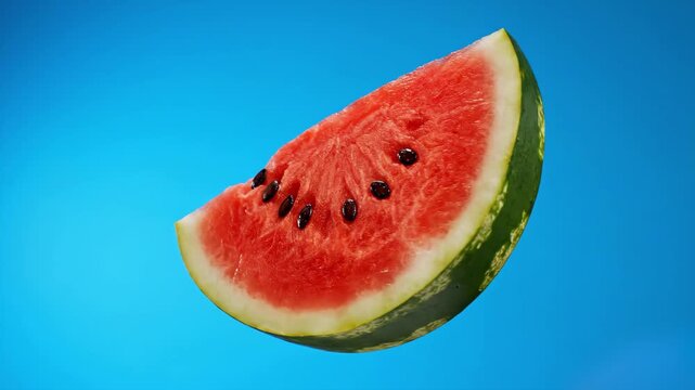 A slice of fresh, ripe watermelon with red flesh, black seeds, and green rind, captured against a solid chroma key blue screen background for seamless compositing. Ideal for summer-themed advertisemen