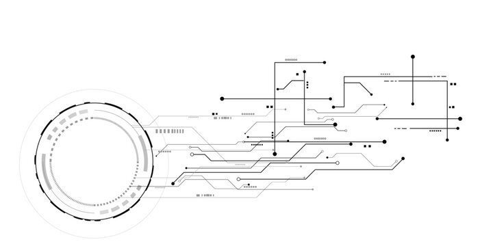 Futuristic digital circuit board with circular interface and connecting lines on white background technology