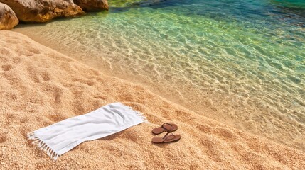 Obraz premium White towel and flip flops on pebble beach with clear turquoise water