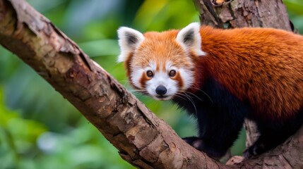 Fototapeta premium Red panda looking at camera on tree branch