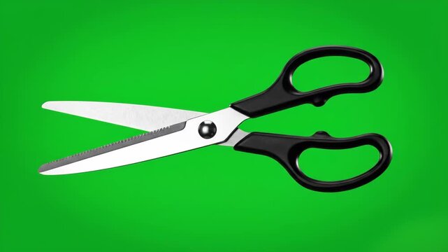 A pair of professional black-handled metal scissors isolated against a chroma key green background. Ideal for product demonstration, office, crafting, or DIY video content.