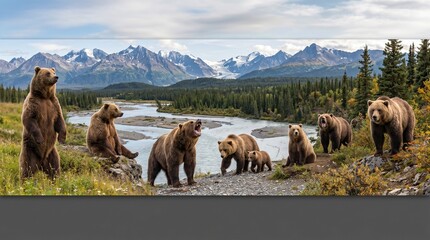 Fototapeta premium Wildlife animals bears banner panorama long - Collection of standing, sitting, screaming