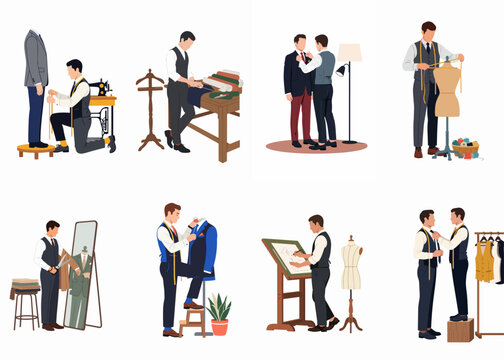 Set of professional male tailors at work, measuring, cutting fabric, sketching, and fitting bespoke suits in an atelier, flat vector illustration.