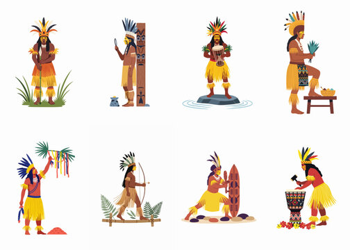 A collection of flat vector illustrations depicting indigenous tribal people in traditional attire engaged in cultural activities, rituals, hunting, and music.
