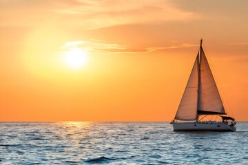 Fototapeta premium Sailboat cruising calm ocean water at sunset