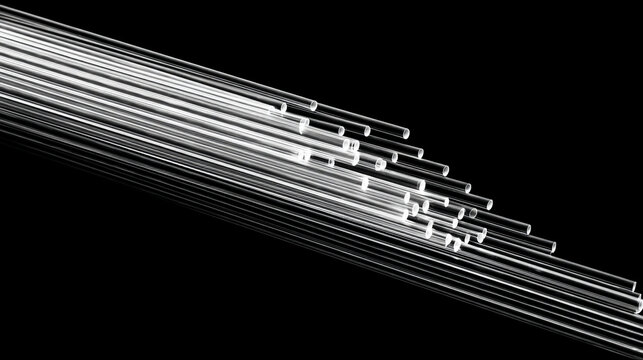 Abstract macro view of multiple transparent glass tubes stacked on black background