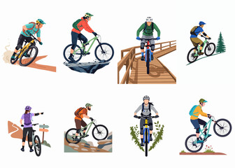 Obraz premium Collection of mountain biking illustrations featuring male and female riders on various trails and technical terrains.