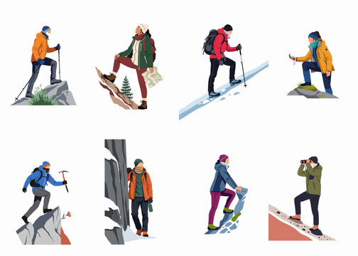 A set of flat vector illustrations depicting various hikers and mountaineers in winter gear engaged in outdoor adventure activities like climbing and navigation.