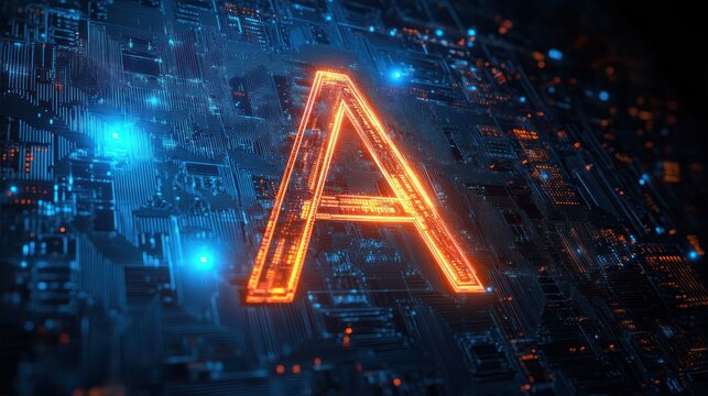 glowing neon letter a on a futuristic circuit board with blue led lights and vibrant high-tech energy