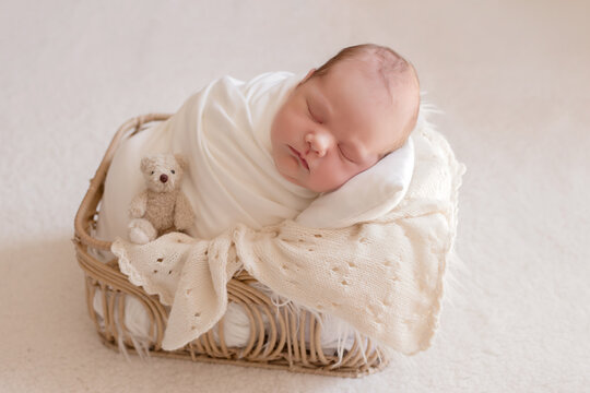 Sleeping newborn baby. Healthy and medical concept. Healthy child, concept of hospital and happy motherhood. Infant baby. Happy pregnancy and childbirth. Children's theme. Baby and childen's goods