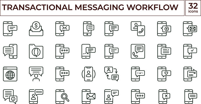 Transactional messaging workflow outline icon set mobile notification chat communication SMS message delivery interface vector symbols