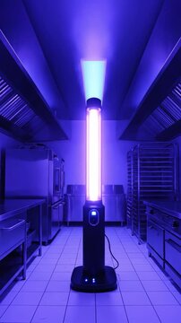 Mobile UV disinfection lamp glows in a dark commercial kitchen. The ultraviolet light kills bacteria and pests. Ideal for sanitation and food safety concepts in industrial environments.