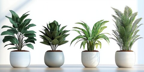 Fototapeta premium Four healthy potted houseplants in ceramic planters on a bright white surface, fresh green foliage and a calm minimalist feel