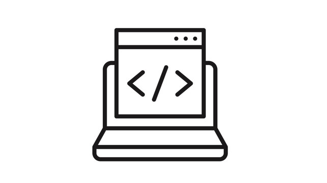 Web development and programming vector icon illustration featuring a laptop computer with a browser window displaying a code symbol, ideal for software engineering, web design, and tech concepts.