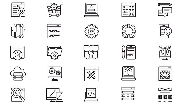 25 Black Vector Icon Set Collection Bundle featuring Web Development, IT Support, Software Settings, Cloud Computing, E-commerce, SEO, Responsive Design, Programming, and Technical Maintenance.