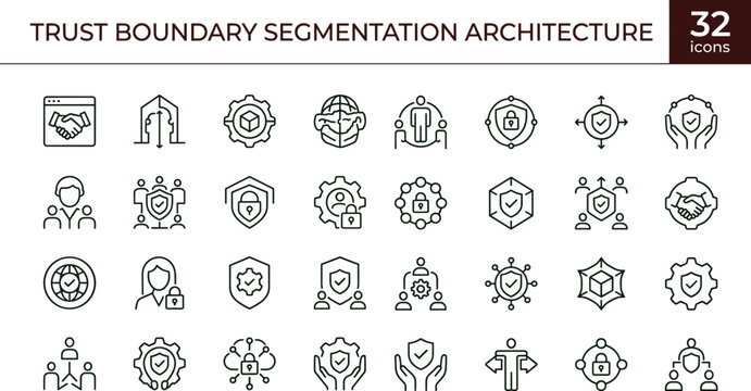 Trust boundary segmentation architecture outline icon set security perimeter zones identity protection layers access boundary governance vector symbols