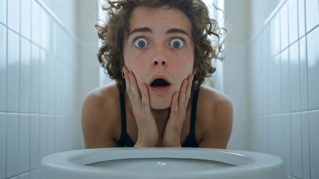 Young woman with a terrified expression holds her face and screams while looking into a toilet