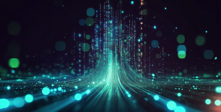 Glowing teal data streams converging into a vertical pillar of falling binary code with floating bokeh lights on a dark futuristic background, evoking awe