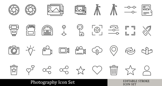black and white photography icon set, camera lens, photo gallery, tripod stand, photo editing icons, outline vector icons, isolated on white background, simple line style, 30 icons .Editable stroke.