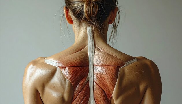 Detailed view of a womans back muscles and anatomy.