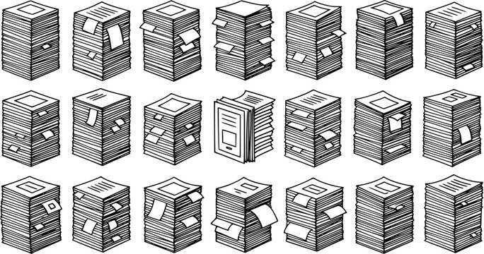 Office Paperwork Stacks Line Art. Hand-drawn Black and White Documents, Files, and Reports Icons for Business, Administration, and Bureaucracy Concepts.