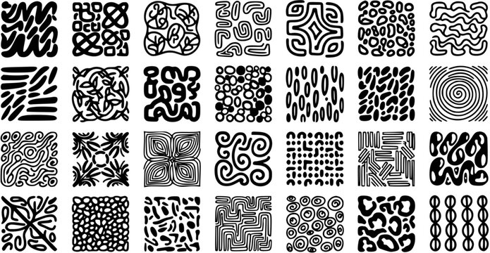 Abstract Hand-Drawn Black and White Patterns Collection. Doodle Art Textures, Organic Shapes, and Geometric Designs for Modern Graphic Design.