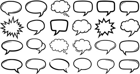 Fototapeta premium Hand-Drawn Black and White Line Art Comic Speech and Thought Bubbles Set. Communication, UIUX, Social Media Dialogue Chat Elements