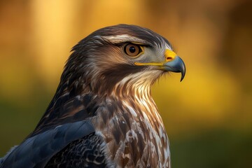 Fototapeta premium Close-up profile of a brown hawk with a sharp hooked beak and piercing eye, detailed mottled feathers against a warm golden blurred background, alert and regal