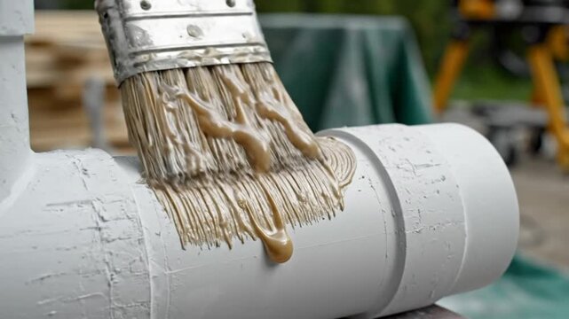 Applying sealant with a paintbrush to a white PVC pipe joint for construction or plumbing projects