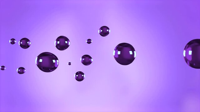 A beautiful 3D abstract composition showcasing deep violet shiny liquid spheres and bubbles levitating gracefully over a light purple studio gradient backdrop. Perfect for laboratory tech promos, prem