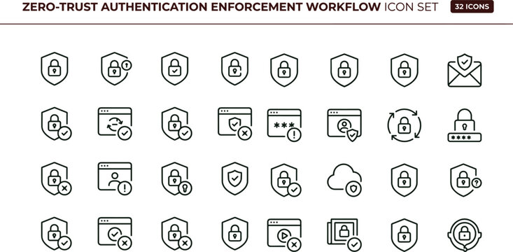 Zero trust authentication enforcement workflow outline icon set identity verification access control security policy MFA infrastructure vector icons