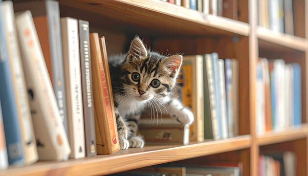 Kitten exploring books on a shelf