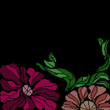 Cross stitch floral embroidery pattern with purple and peach flowers on black background, folk art style vector illustration.
