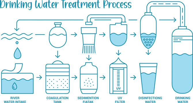 Diagram of the drinking water treatment process from intake to delivery Vector