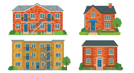 Fototapeta premium Illustration of four colorful detached houses with varying architectural styles