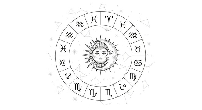 Astrology Zodiac Wheel with Sun and Moon Face.