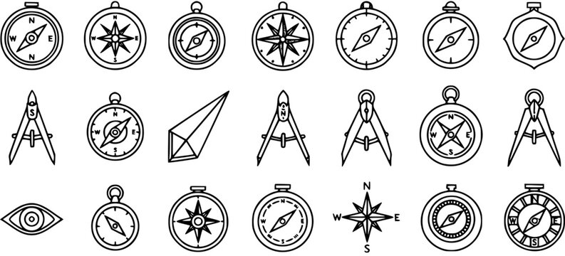 Black and white line art icons of compasses and navigation tools for travel and adventure