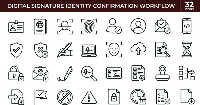 Digital signature identity confirmation workflow outline icon set biometric authentication secure approval verification pipeline vector symbols
