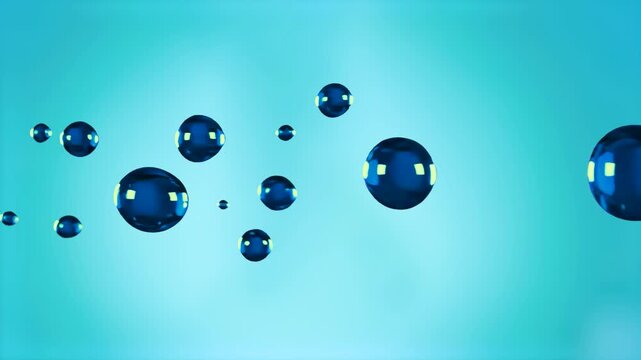 A clean 3D motion graphic loop featuring glossy, reflective blue water droplets or liquid bubbles floating and rising against a soft turquoise gradient backdrop. Ideal for skincare advertisements, ref